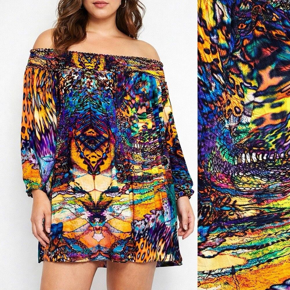 Escada Off Shoulder Tunic Top XL Colorful Abstract Print Stretch Designer Artsy